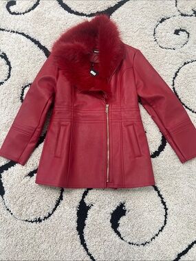 Fashion Nova Red Faux Leather Jacket with Fur Collar